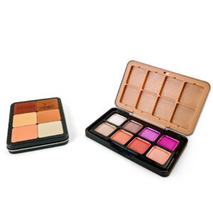 Eye shadow palette in rectangular tin box with hinged lid