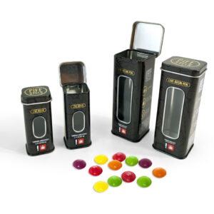 Square metal cans with hinged lids for candy