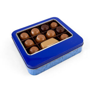 Elegant blue window lid rectangular tin boxes for chocolate