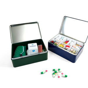 Rectangular hinged tin containers for medicine