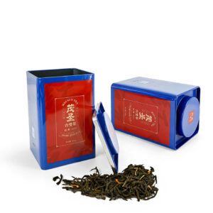 Bright blue tall square tea box tin