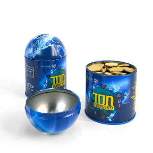 Round tin containers with lids for collecting coins