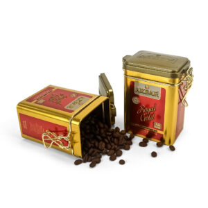 Tall rectangular metal can with locking lid for coffee beans