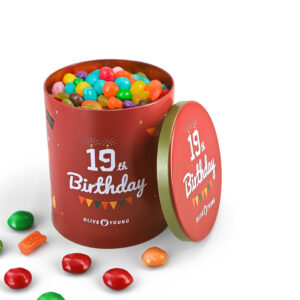 Festive designed round metal container for birthday candies