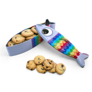 Interesting fish-shaped metal cookie tins