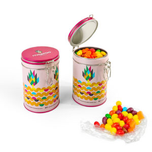 Stylish round metal cans with latch for candy