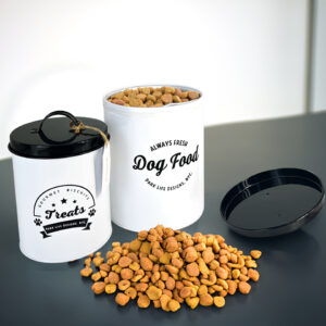 Simple round metal tin pet food container with handle lid