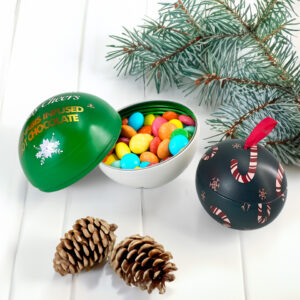 Festive spherical metal containers for Christmas candies