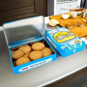 Portable blue snack biscuit tin box with hinged lid