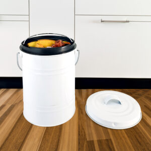 Modern white metal trash can with bail handle