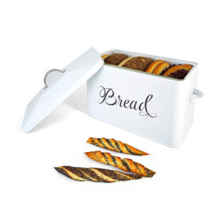 Elegant white metal bread box with dual steel handles
