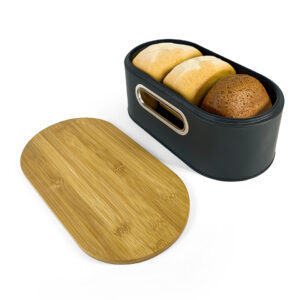 European metal tin bread box with natural wood lid