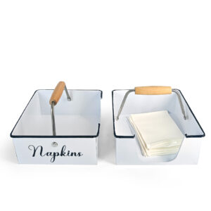 White wood-handled metal storage can for napkins