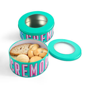 Simple round cookie tin container with clear window lid
