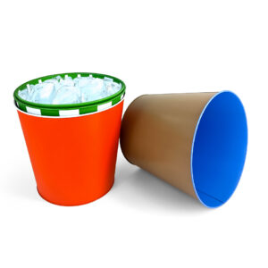 Colorful medium sized tin buckets for bar storage
