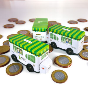 Collectible coin storage: playful car-themed tin box