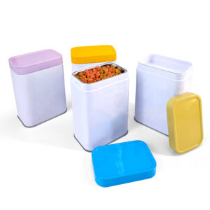 Multi-sized rectangular dog food tin container with lid