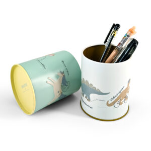 Playful dinosaur printed round metal tin pen holder