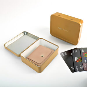 Stylish wallet storage tin can with hinged lid