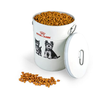 Premium dog food container tin with metal handle