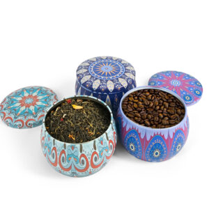 Vibrant paisley printed mini metal tins for scented tea