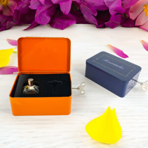 Musical hinged metal box for luxury perfume packaging
