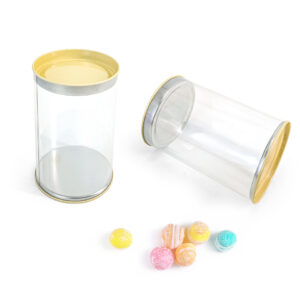 Food grade round clear pvc sided tin cans for candy