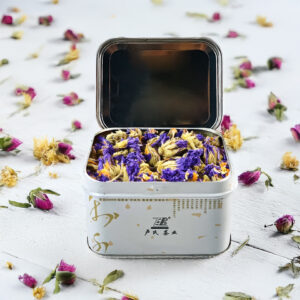 Portable flower tea packaging metal tin with hinged lid