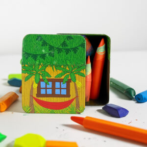 Vibrant tropical house shaped crayon storage tin box