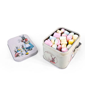 Bunny print rectangular cotton candy tin can with handle