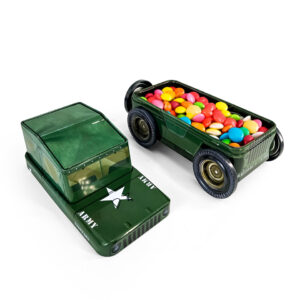 Chocolate in tin box in the shape of a jeep