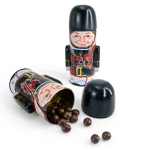 Curious figurine-shaped tin boxes for chocolates