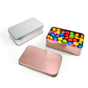Simple small rectangular tin container for chocolate drops