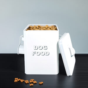 Large rectangular dog food tin can with a free spoon