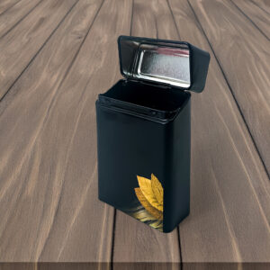 Matte black rectangular metal cigarette tin with hinged lid