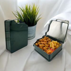 Oil tank shaped metal food container for snack storage