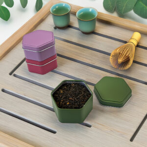 Colorful hexagonal small metal storage tins for tea leaves