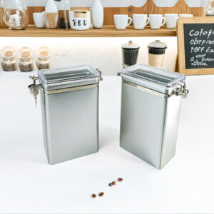 Latch sealed rectangular metal coffee tins with clear lids