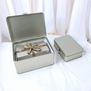 Rectangular metal tin box hinged lid with secure latch