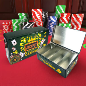 Rectangular poker chip storage metal box with hinged lid