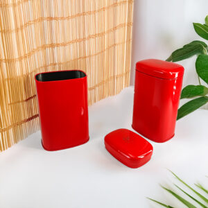Festive red metal food storage containers with lids