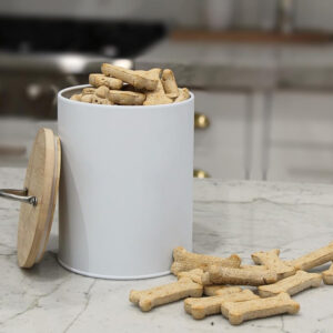 Minimalist white round metal tin food containers for pet